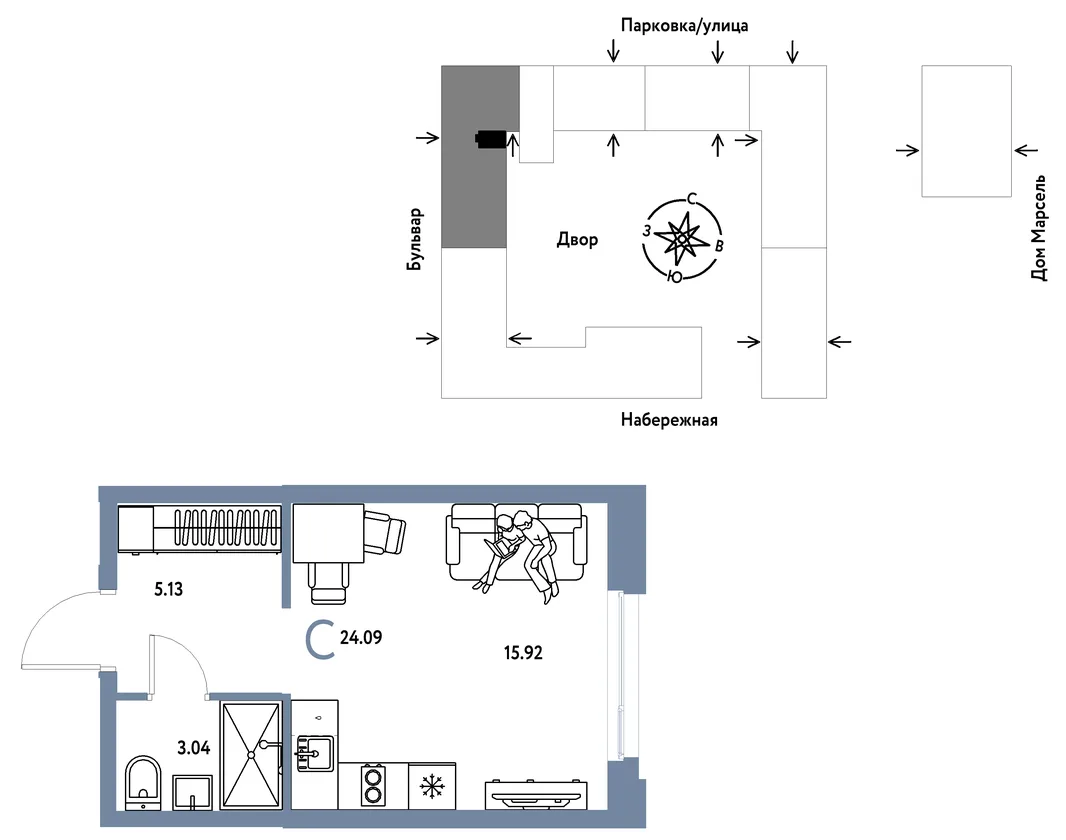 Планировка Студия, 24.09 м² ЖК «Европейский берег 2.0»