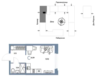 Планировка Студия, 24.09 м² ЖК «Европейский берег 2.0»