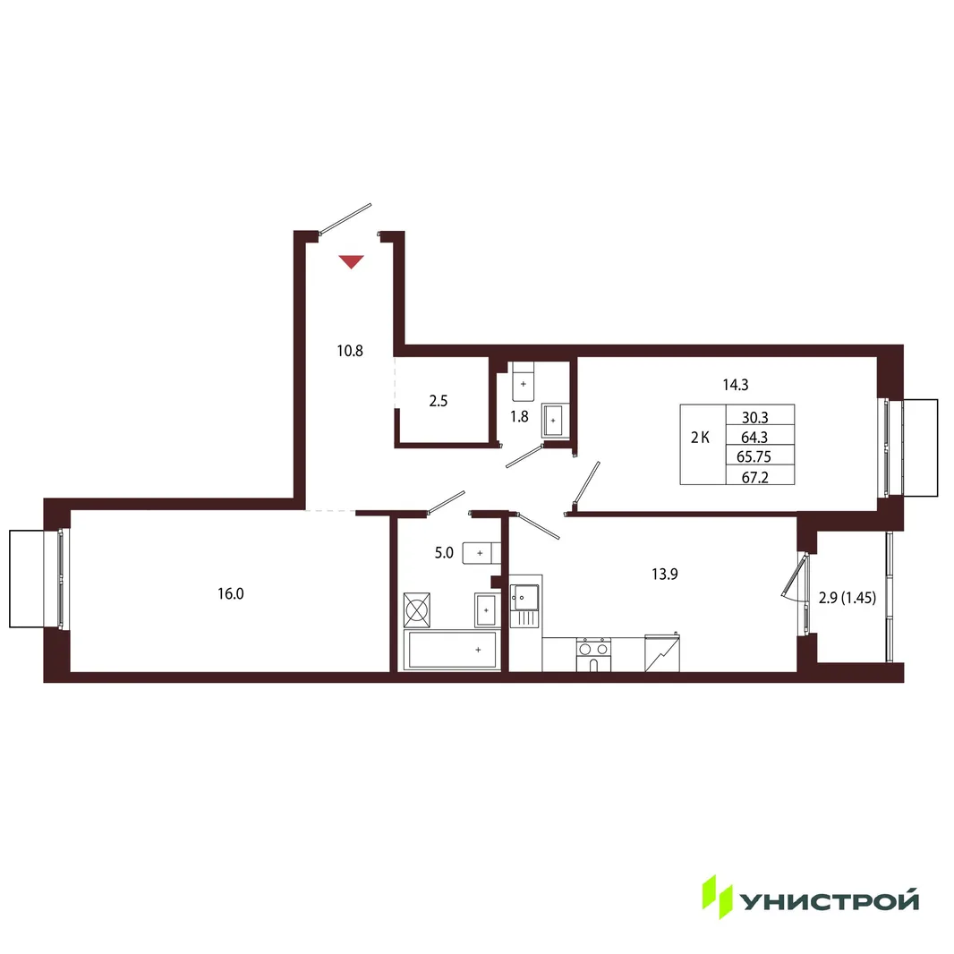 Планировка 2-комн. квартира, 65.75 м² ЖК «Лисино»