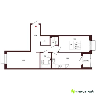 Планировка 2-комн. квартира, 65.75 м² ЖК «Лисино»