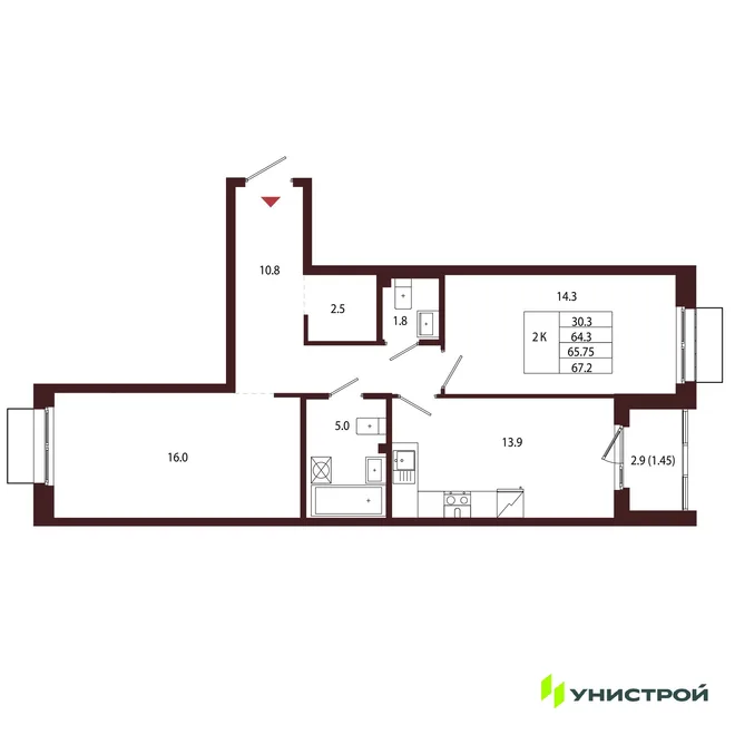 Планировка 2-комн. квартира, 65.75 м² ЖК «Лисино»