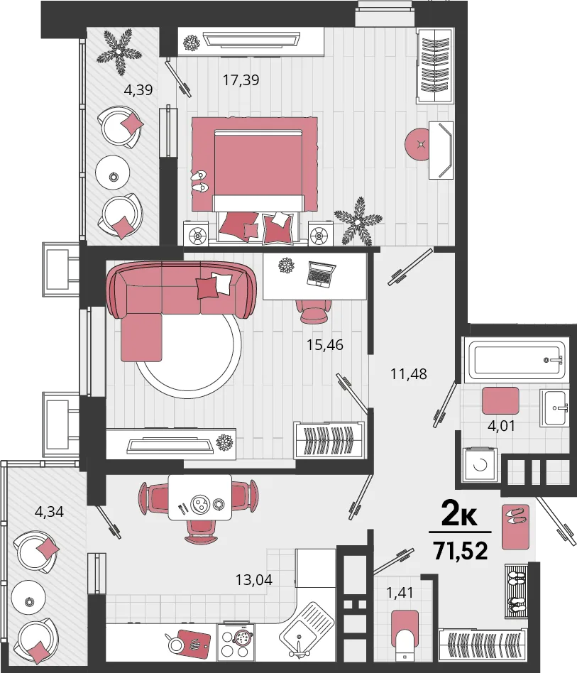 Планировка 2-комн. квартира, 71.52 м² ЖК «Родные просторы»