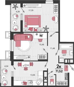 Планировка 2-комн. квартира, 71.52 м² ЖК «Родные просторы»