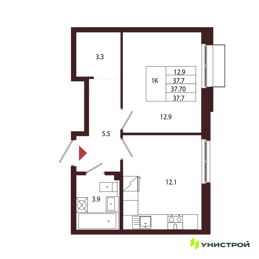Планировка 1-комн. квартира, 37.7 м² ЖК «Лисино»