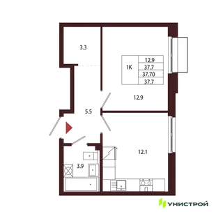 Планировка 1-комн. квартира, 37.7 м² ЖК «Лисино»