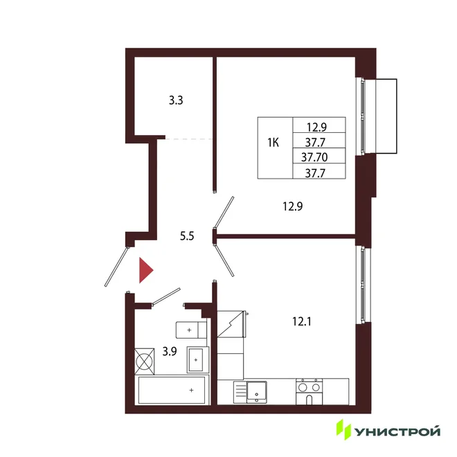 Планировка 1-комн. квартира, 37.7 м² ЖК «Лисино» Планировка 1-комн. квартира, 37.7 м² ЖК «Лисино»