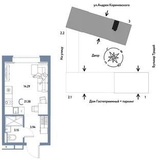 Планировка Студия, 21.38 м² ЖК «Микрорайон Домашний»