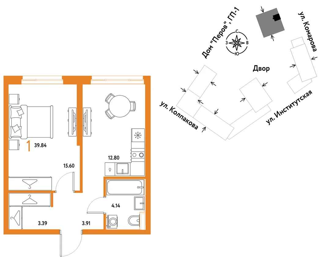 Планировка 1-комн. квартира, 39.84 м² ЖК «Страна.Парковая»