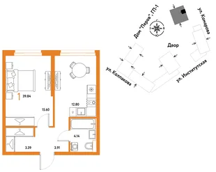Планировка 1-комн. квартира, 39.84 м² ЖК «Страна.Парковая»