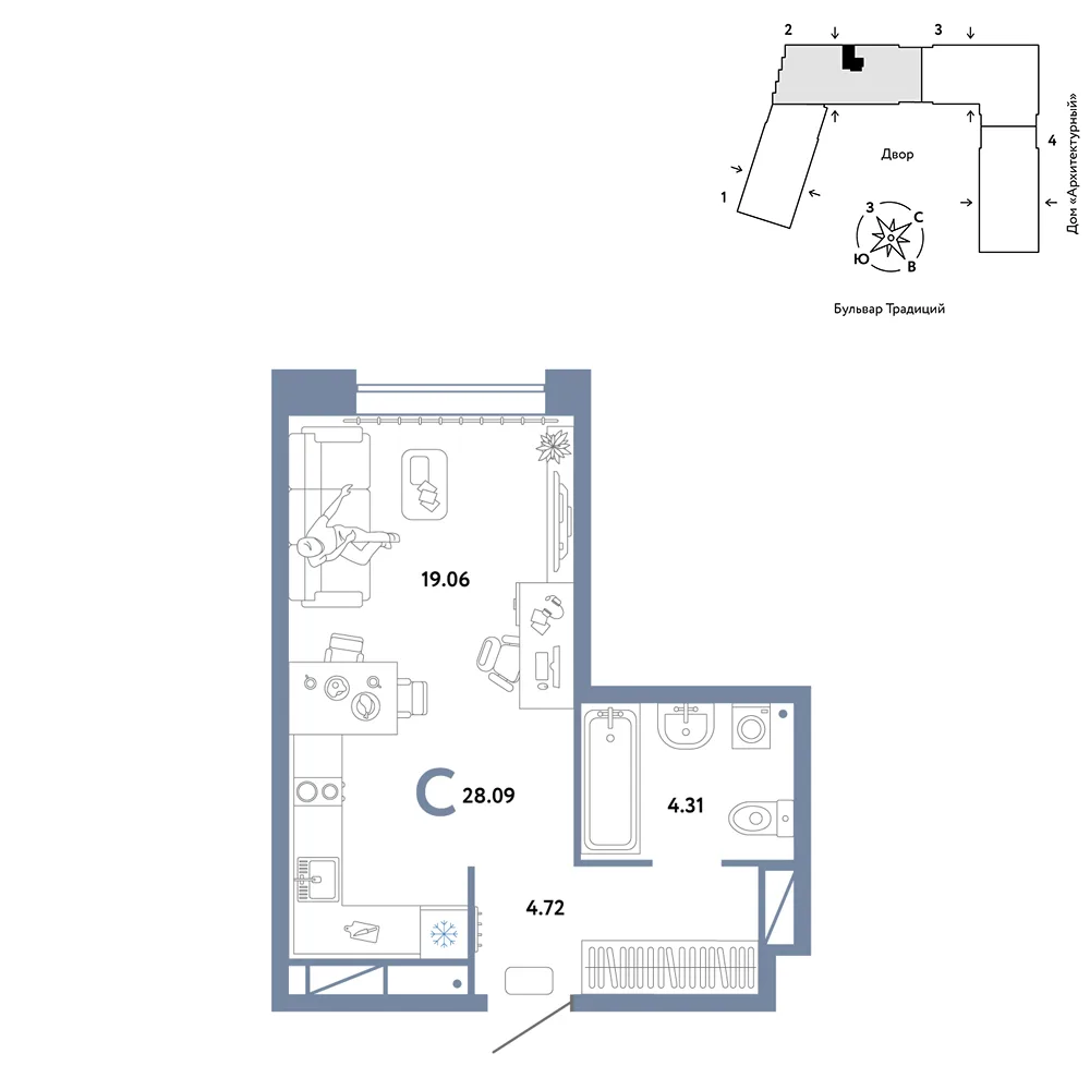 Планировка Студия, 28.09 м² ЖК «Микрорайон Домашний»