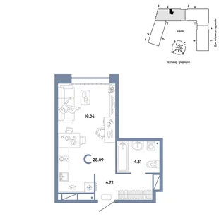 Планировка Студия, 28.09 м² ЖК «Микрорайон Домашний»