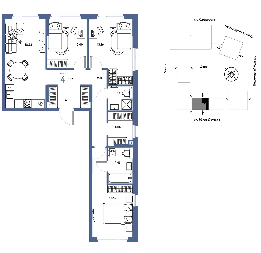 Планировка 4-комн. квартира, 81.17 м² ЖК «Сердце Сибири»