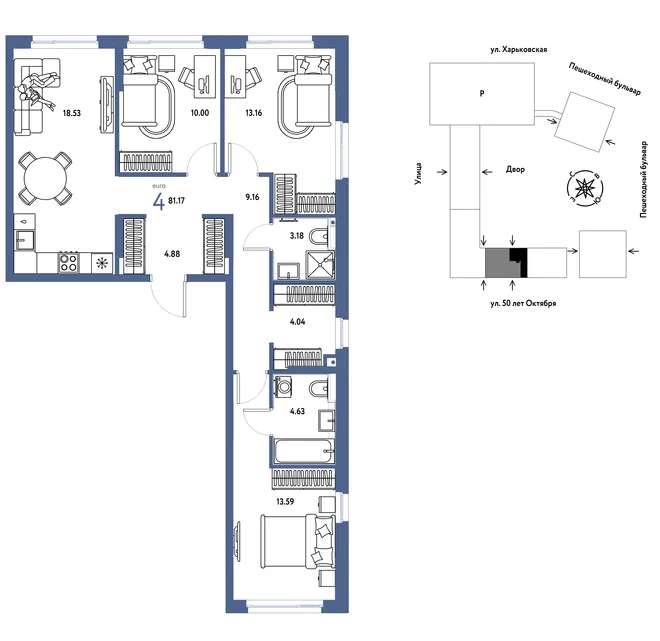 Планировка 4-комн. квартира, 81.17 м² ЖК «Сердце Сибири» Планировка 4-комн. квартира, 81.17 м² ЖК «Сердце Сибири»
