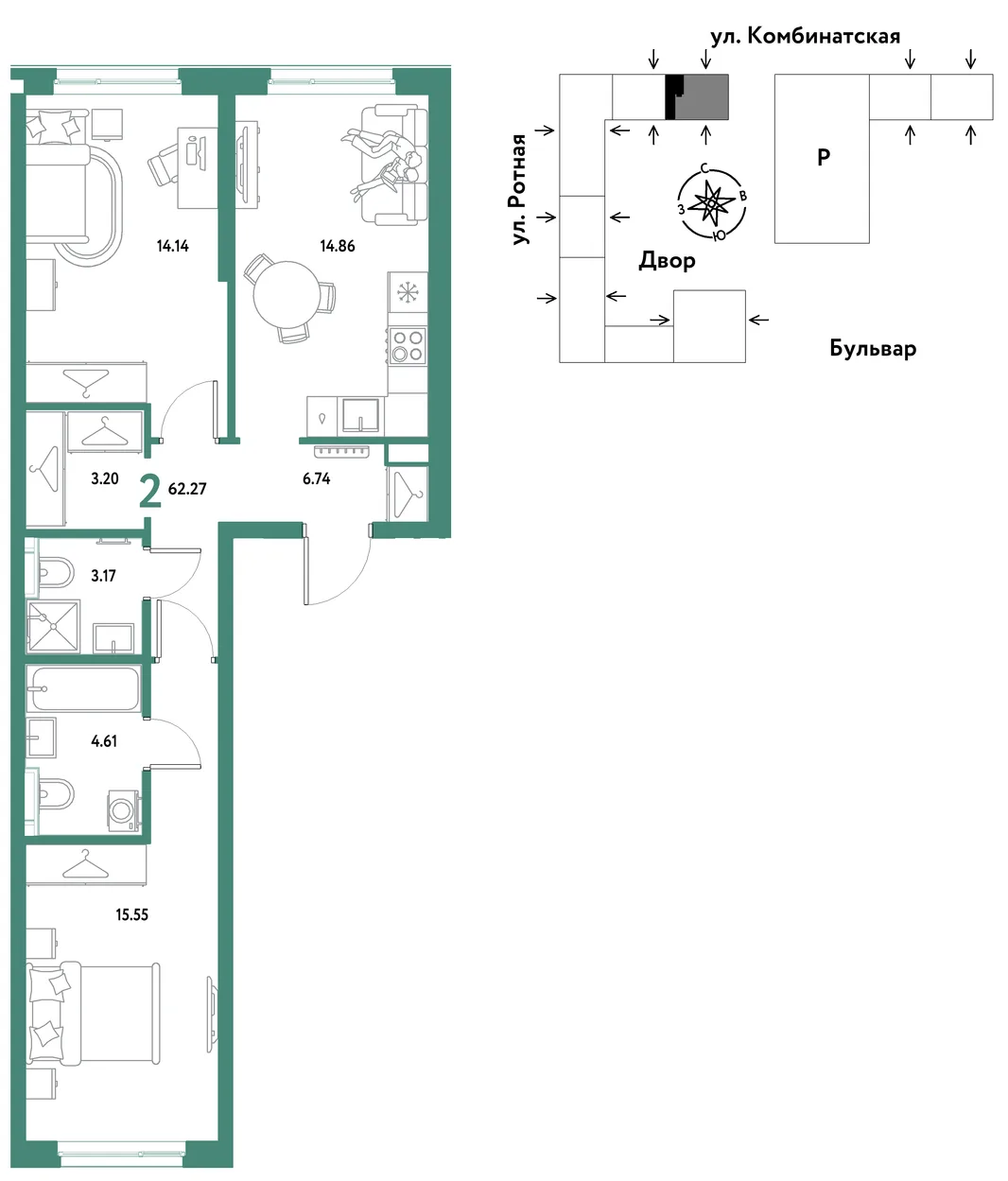 Планировка 2-комн. квартира, 61.6 м² ЖК «Уральский сад»