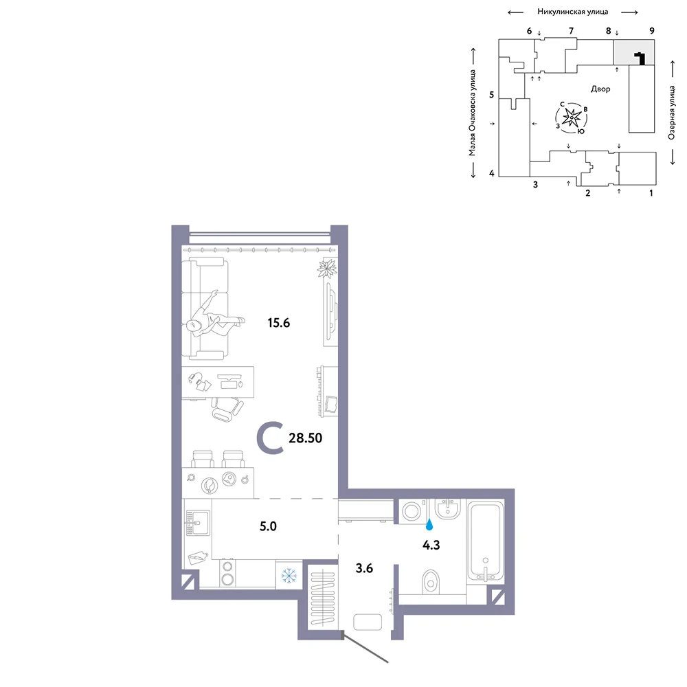 Планировка Студия, 28.5 м² ЖК «Страна.Озёрная»