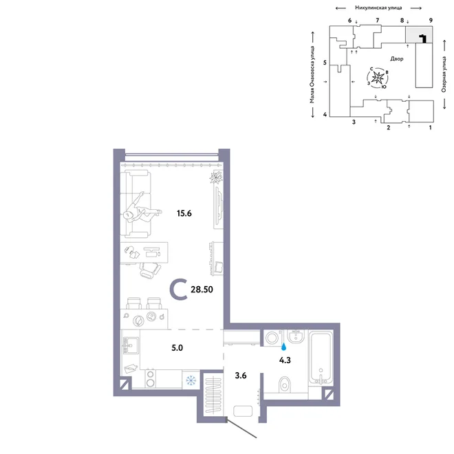 Планировка Студия, 28.5 м² ЖК «Страна.Озёрная» Планировка Студия, 28.5 м² ЖК «Страна.Озёрная»