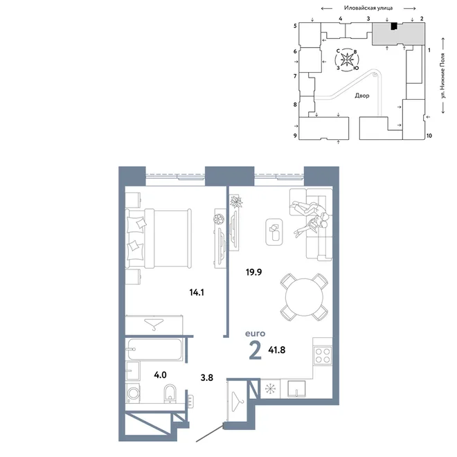 Планировка 2-комн. квартира, 41.8 м² ЖК «Страна.Заречная» Планировка 2-комн. квартира, 41.8 м² ЖК «Страна.Заречная»