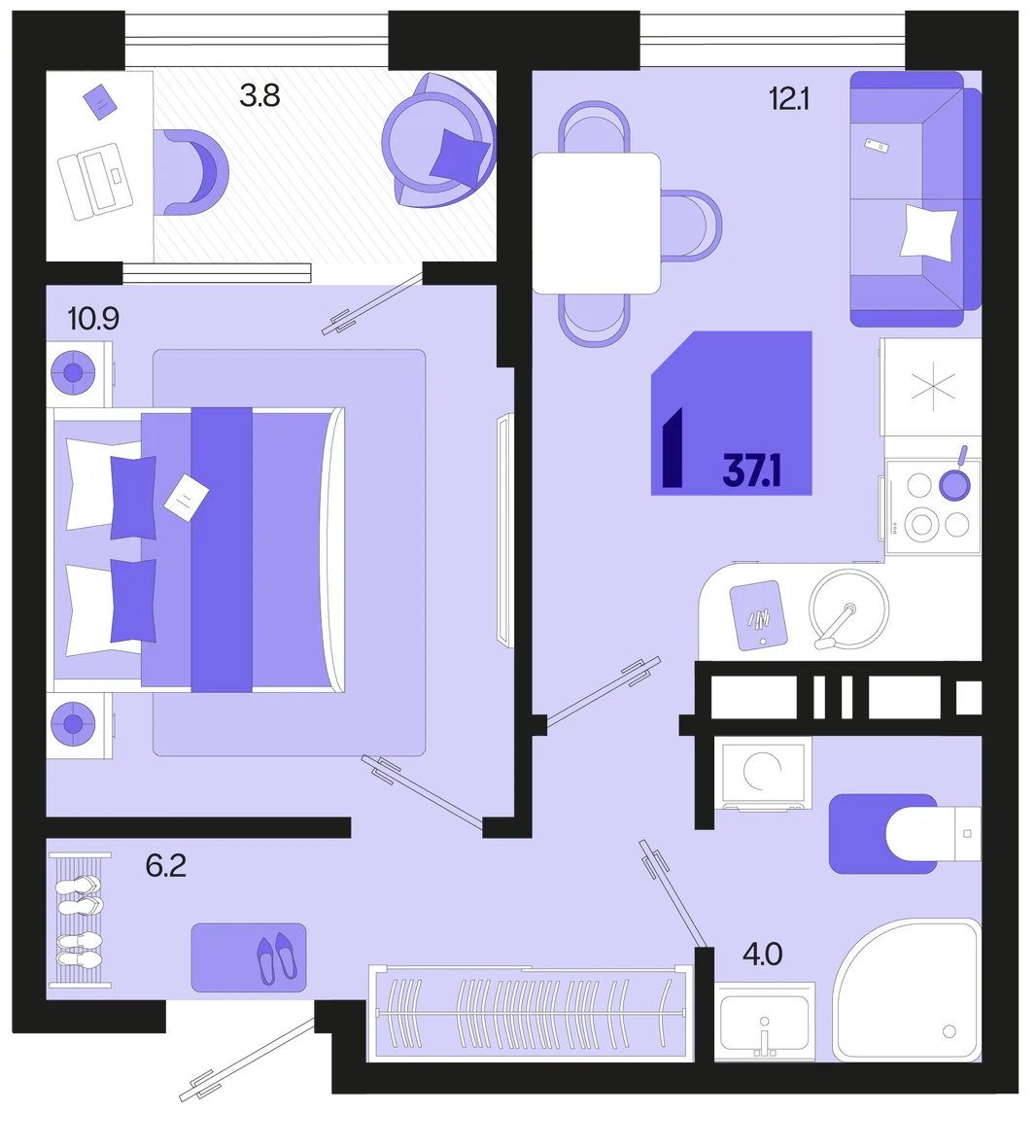 Планировка 1-комн. квартира, 37.1 м² ЖК «Первое место»