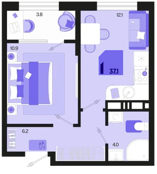 Планировка 1-комн. квартира, 37.1 м² ЖК «Первое место»