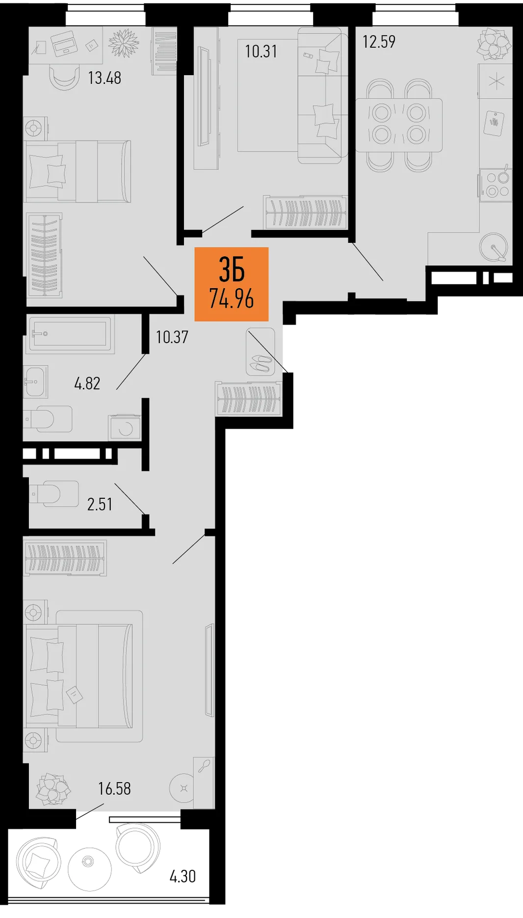 Планировка 3-комн. квартира, 74.96 м² ЖК «Столицыно»