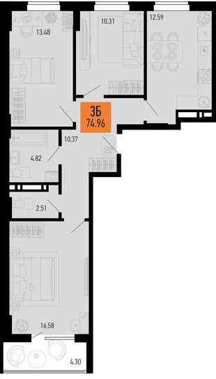Планировка 3-комн. квартира, 74.96 м² ЖК «Столицыно»