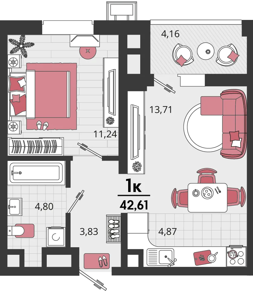 Планировка 2-комн. квартира, 42.61 м² ЖК «Родные просторы»