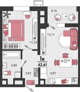Планировка 2-комн. квартира, 42.61 м² ЖК «Родные просторы»