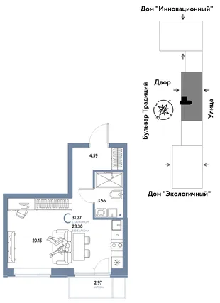 Планировка Студия, 31.27 м² ЖК «Микрорайон Домашний»