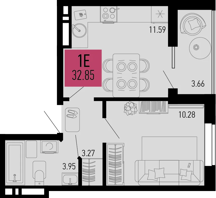 Планировка 1-комн. квартира, 32.85 м² ЖК «Столицыно»