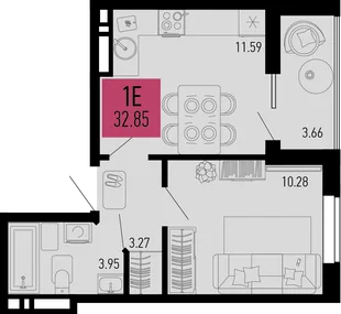 Планировка 1-комн. квартира, 32.85 м² ЖК «Столицыно»
