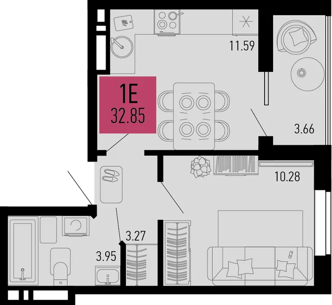 Планировка 1-комн. квартира, 32.85 м² ЖК «Столицыно» Планировка 1-комн. квартира, 32.85 м² ЖК «Столицыно»