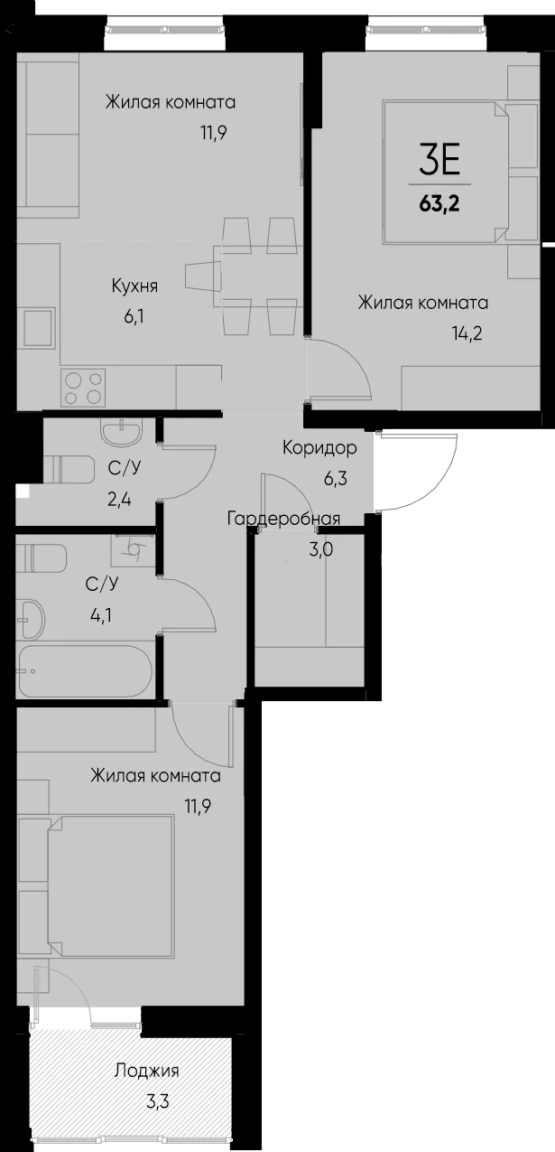 Планировка 3-комн. квартира, 63.2 м² ЖК «Васильевский остров»