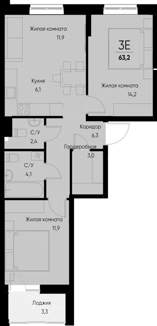 Планировка 3-комн. квартира, 63.2 м² ЖК «Васильевский остров»