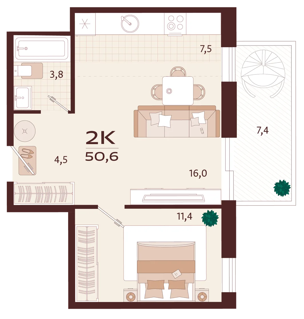 Планировка 2-комн. квартира, 50.6 м² ЖК «Роялта»