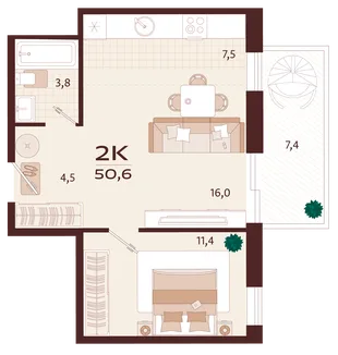 Планировка 2-комн. квартира, 50.6 м² ЖК «Роялта»