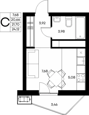 Планировка Студия, 24.12 м² ЖК «Прибрежный дом»