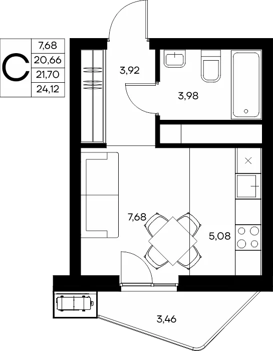 Планировка Студия, 24.12 м² ЖК «Прибрежный дом»