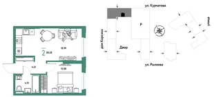Планировка 2-комн. квартира, 38.28 м² ЖК «Остров-сад»