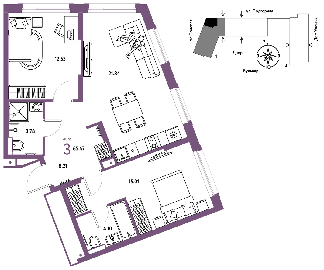 Планировка 3-комн. квартира, 65.47 м² ЖК «Авторский»