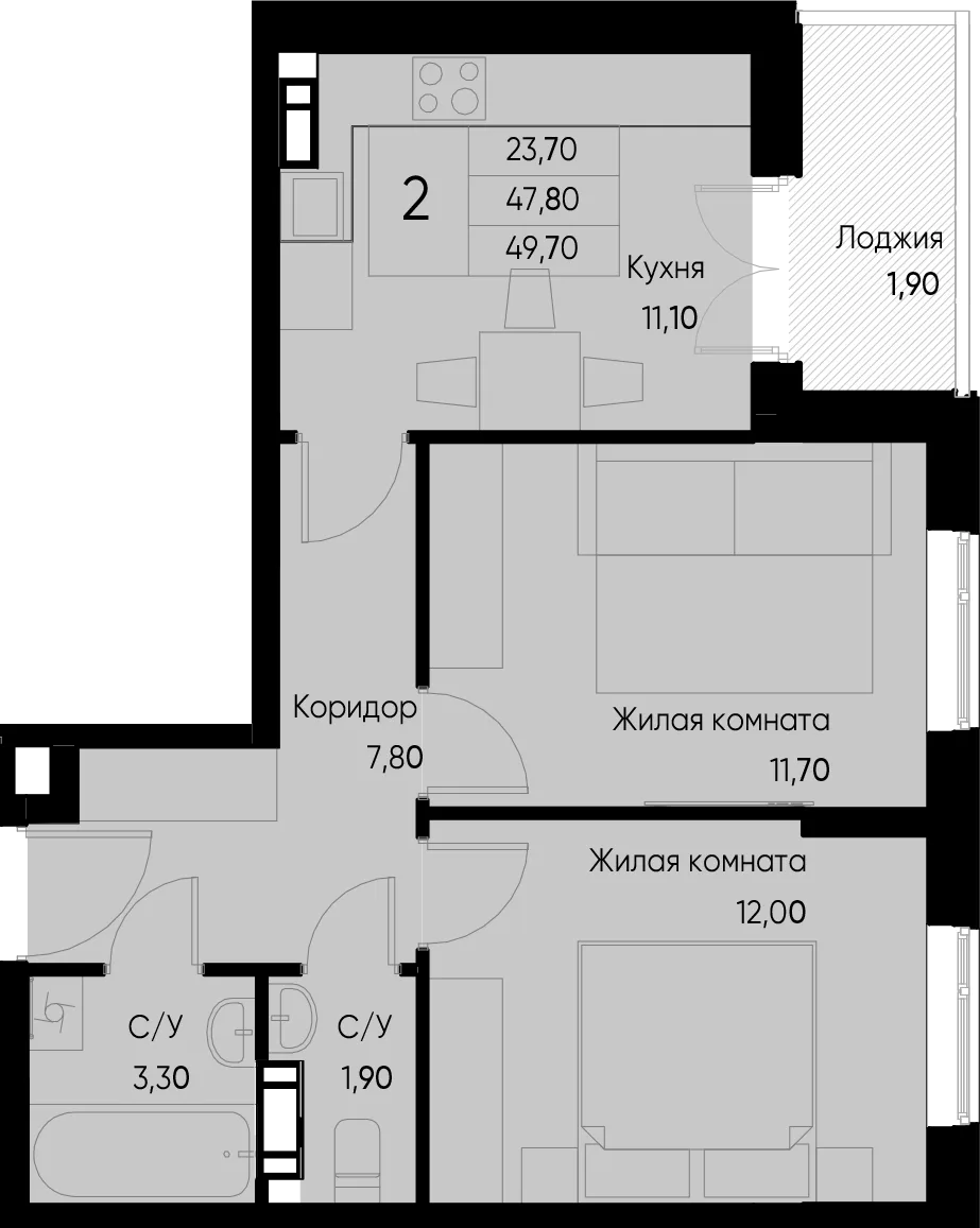 Планировка 2-комн. квартира, 51.3 м² ЖК «Васильевский остров»