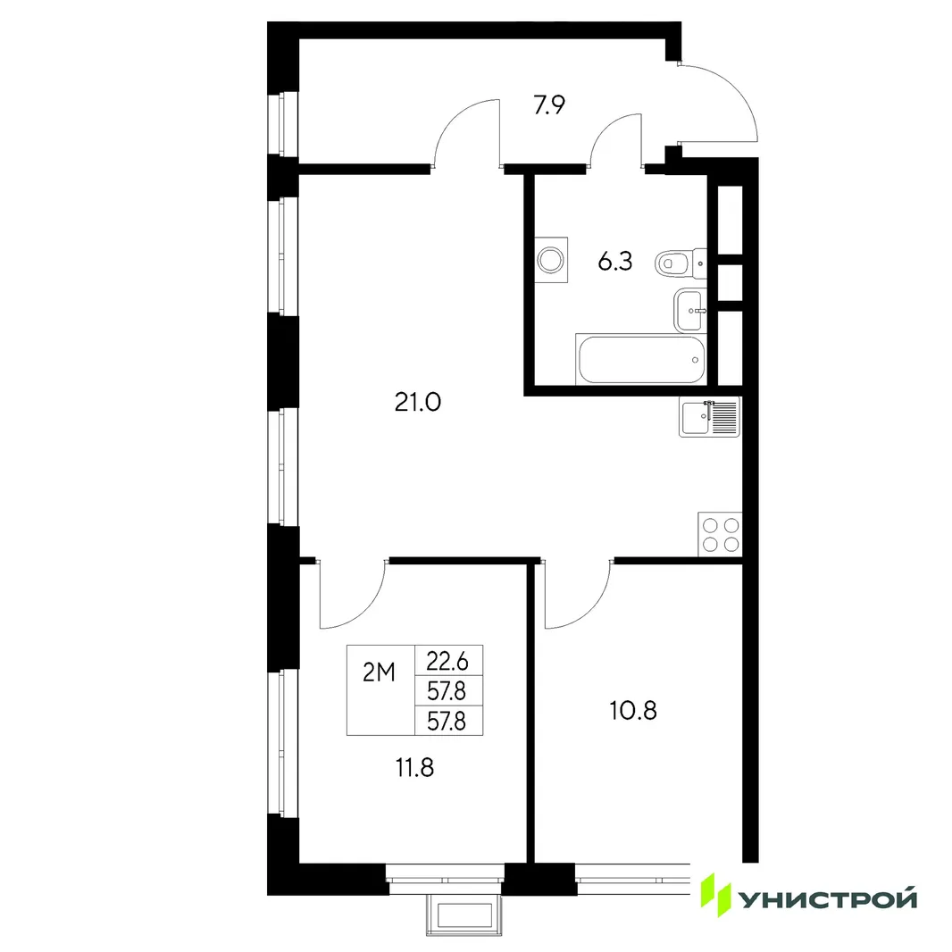 Планировка 2-комн. квартира, 57.8 м² ЖК «Стадиум»