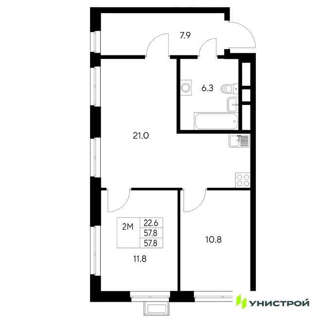 Планировка 2-комн. квартира, 57.8 м² ЖК «Стадиум» Планировка 2-комн. квартира, 57.8 м² ЖК «Стадиум»