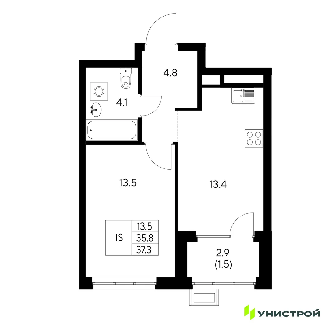 Планировка 1-комн. квартира, 37.3 м² ЖК «Стадиум»
