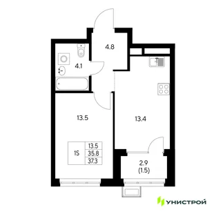 Планировка 1-комн. квартира, 37.3 м² ЖК «Стадиум»
