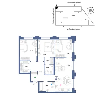 Планировка 4-комн. квартира, 90.04 м² ЖК «Микрорайон Звездный»