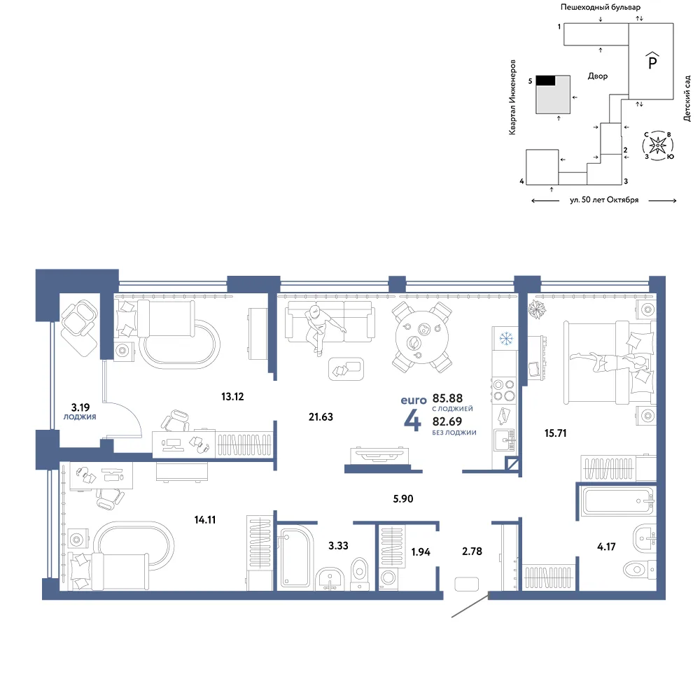 Планировка 4-комн. квартира, 85.88 м² ЖК «Сердце Сибири»