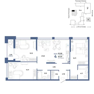 Планировка 4-комн. квартира, 85.88 м² ЖК «Сердце Сибири»