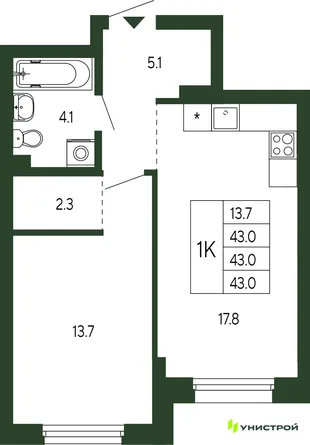 Планировка 1-комн. квартира, 43 м² ЖК «Парковый квартал 2.0»