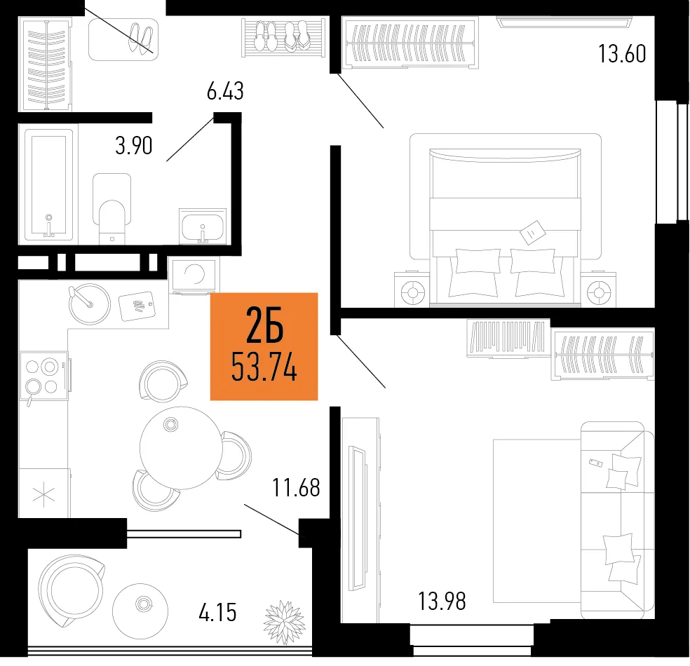 Планировка 2-комн. квартира, 53.74 м² ЖК «Столицыно»