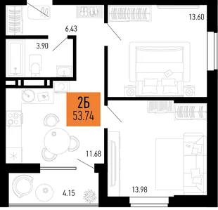 Планировка 2-комн. квартира, 53.74 м² ЖК «Столицыно»